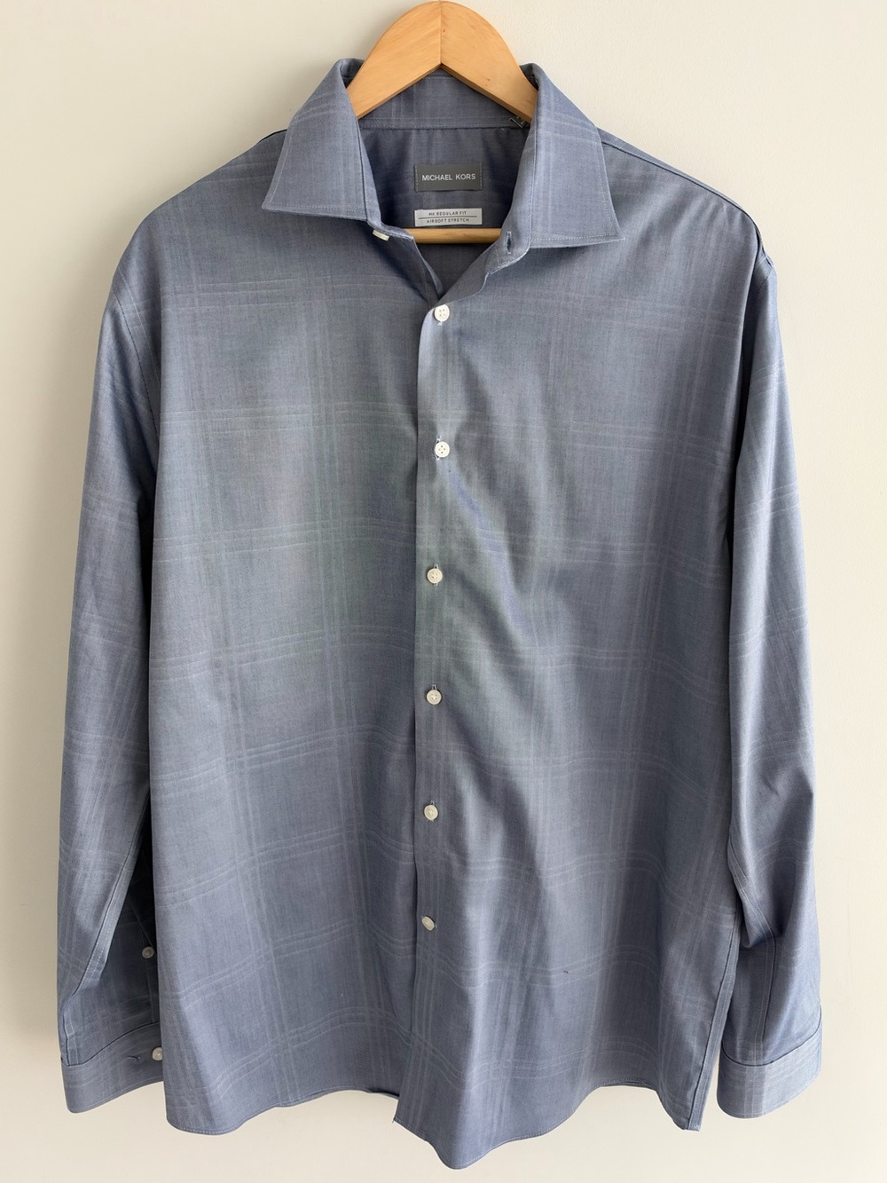 Michael Kors Mens 17 34 35 Dress Shirt Blue Plaid Airsoft Stretch Regular Fit